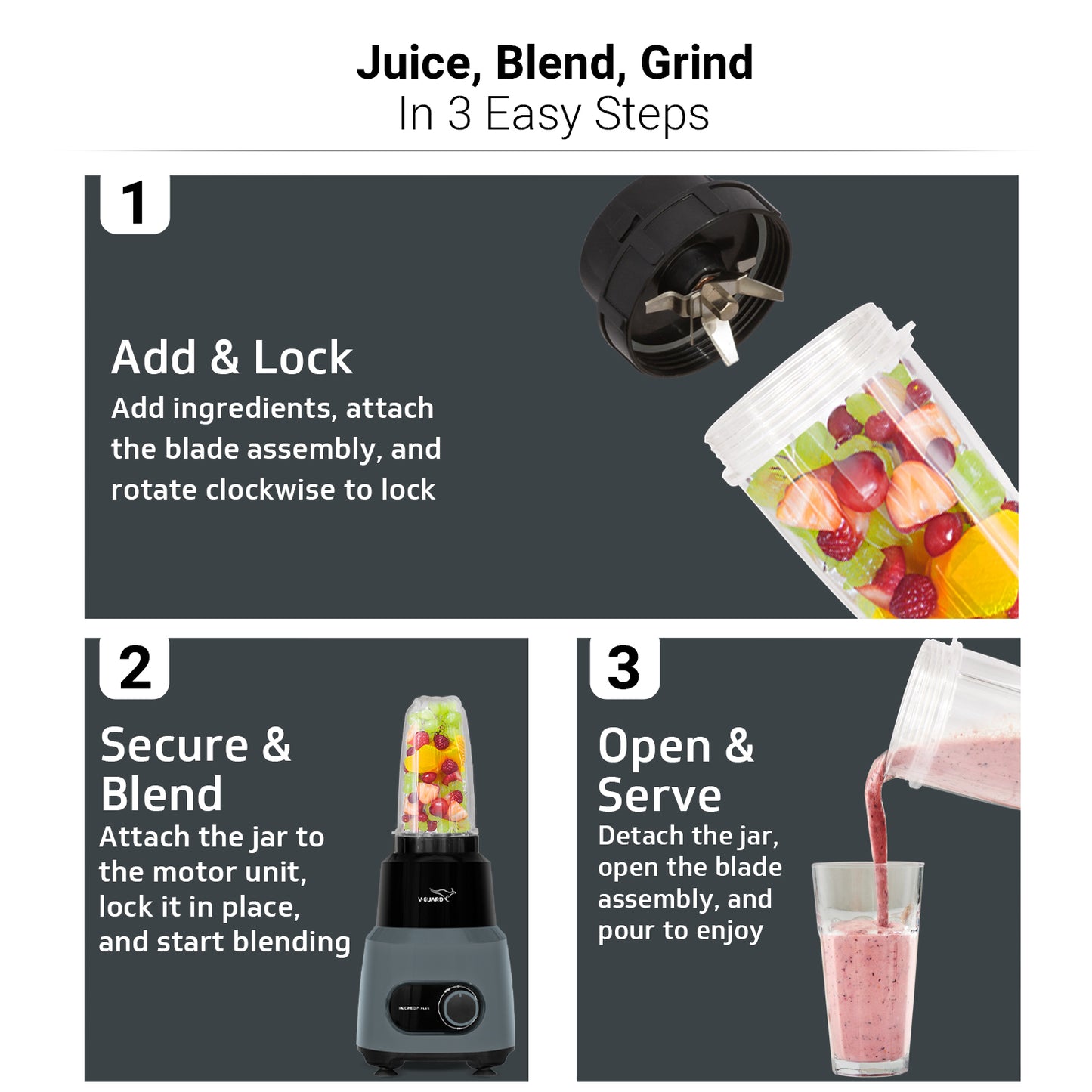 V-Guard Increda Plus 500 Watt Bullet Juicer Mixer Grinder | 2 Year Motor Warranty | 4 Jars (Bullet, Wet, Dry and Chutney) | Stainless Steel Blades | Bullet Jar with Sipper Lid.