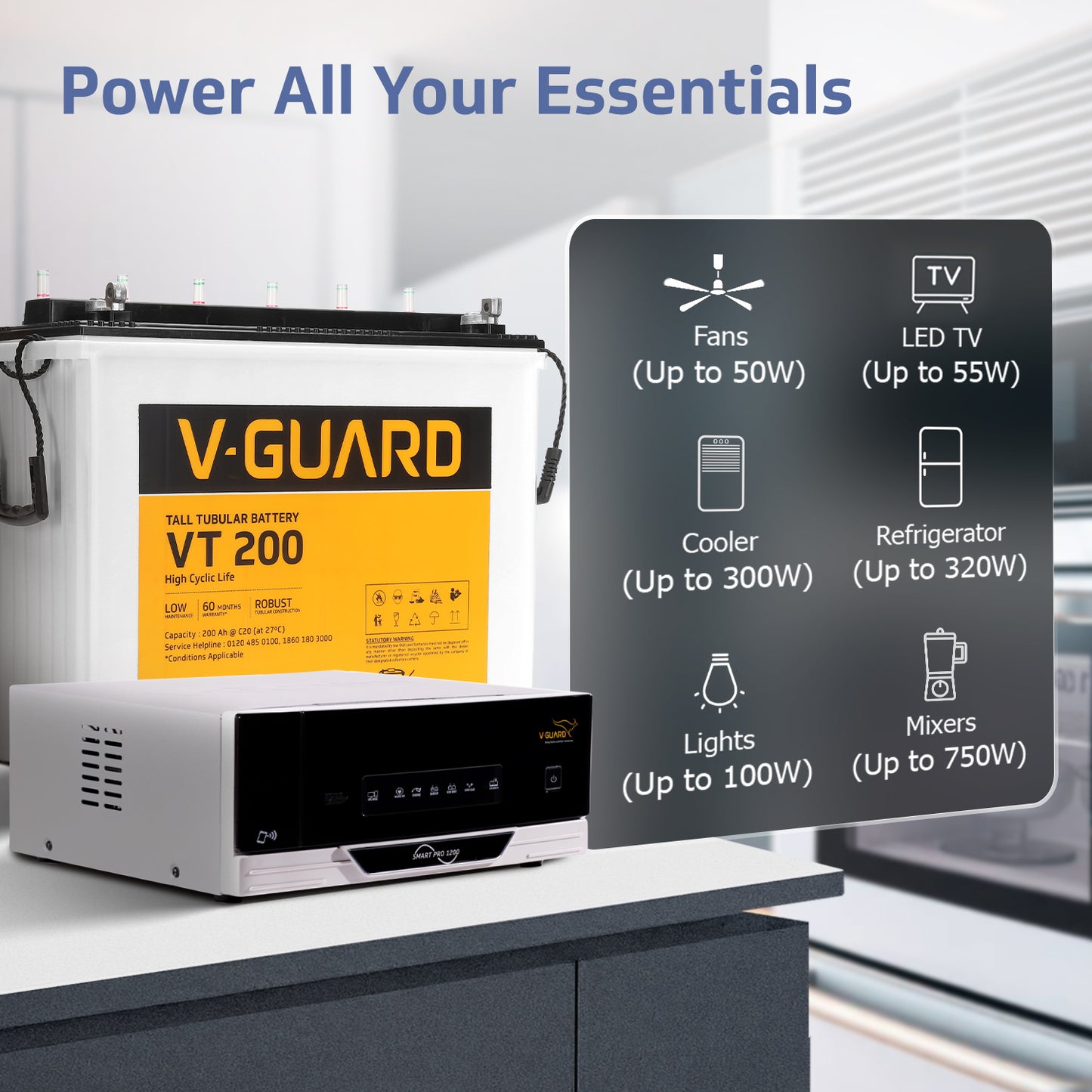 Smart Pro 1200 Inverter + VT 200 Battery Combo for Home, Office & Shops