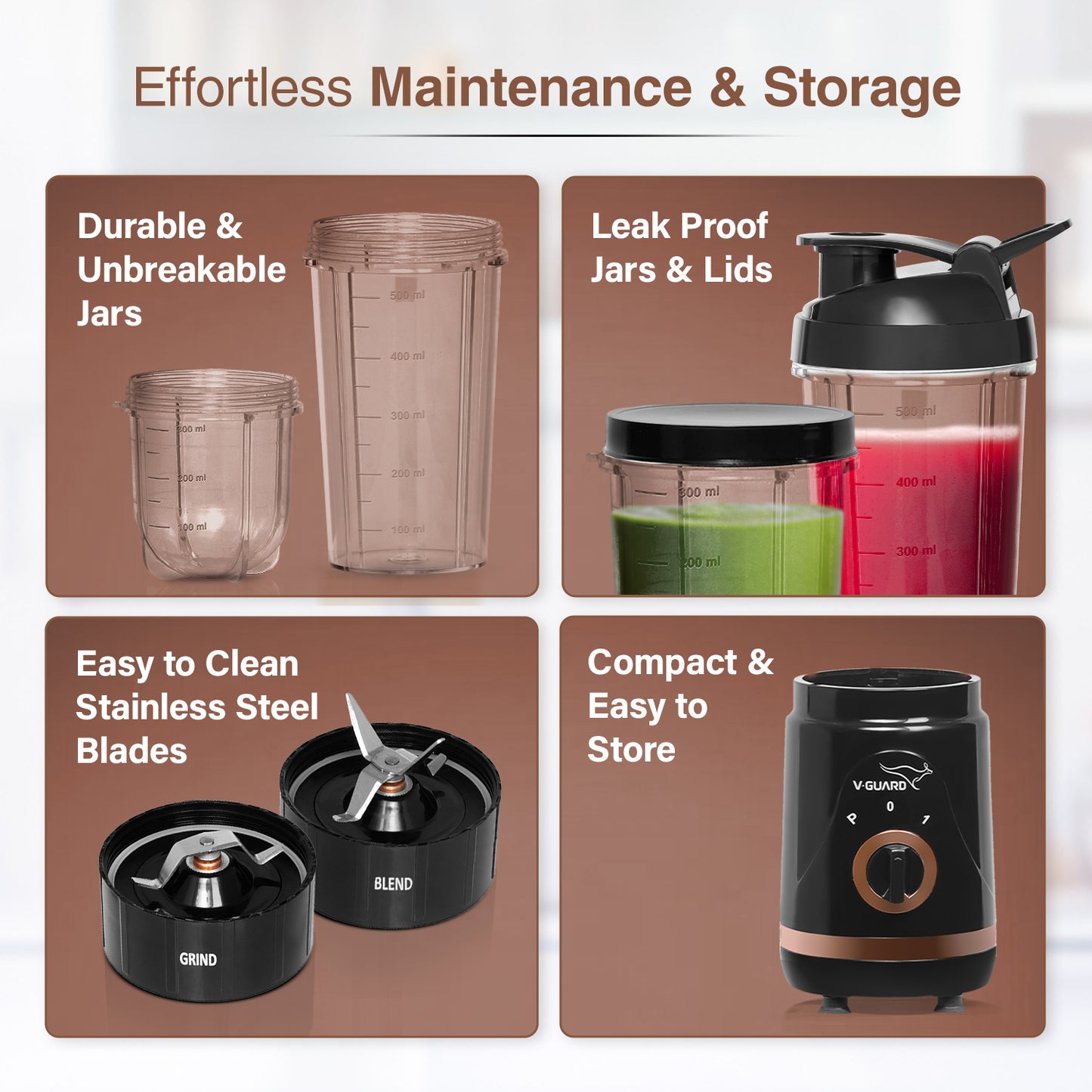 V-Guard Citius Nutri | 5 Leakproof Jars | 2 Years Product & Motor Coverage by V-Guard | 400 W Copper Motor | Upto 22,000 RPM | 1 Tall, 2 Small, 2 Sipper Jars with Storage, Seasoning & Sipper Lids | Sleek ABS Body