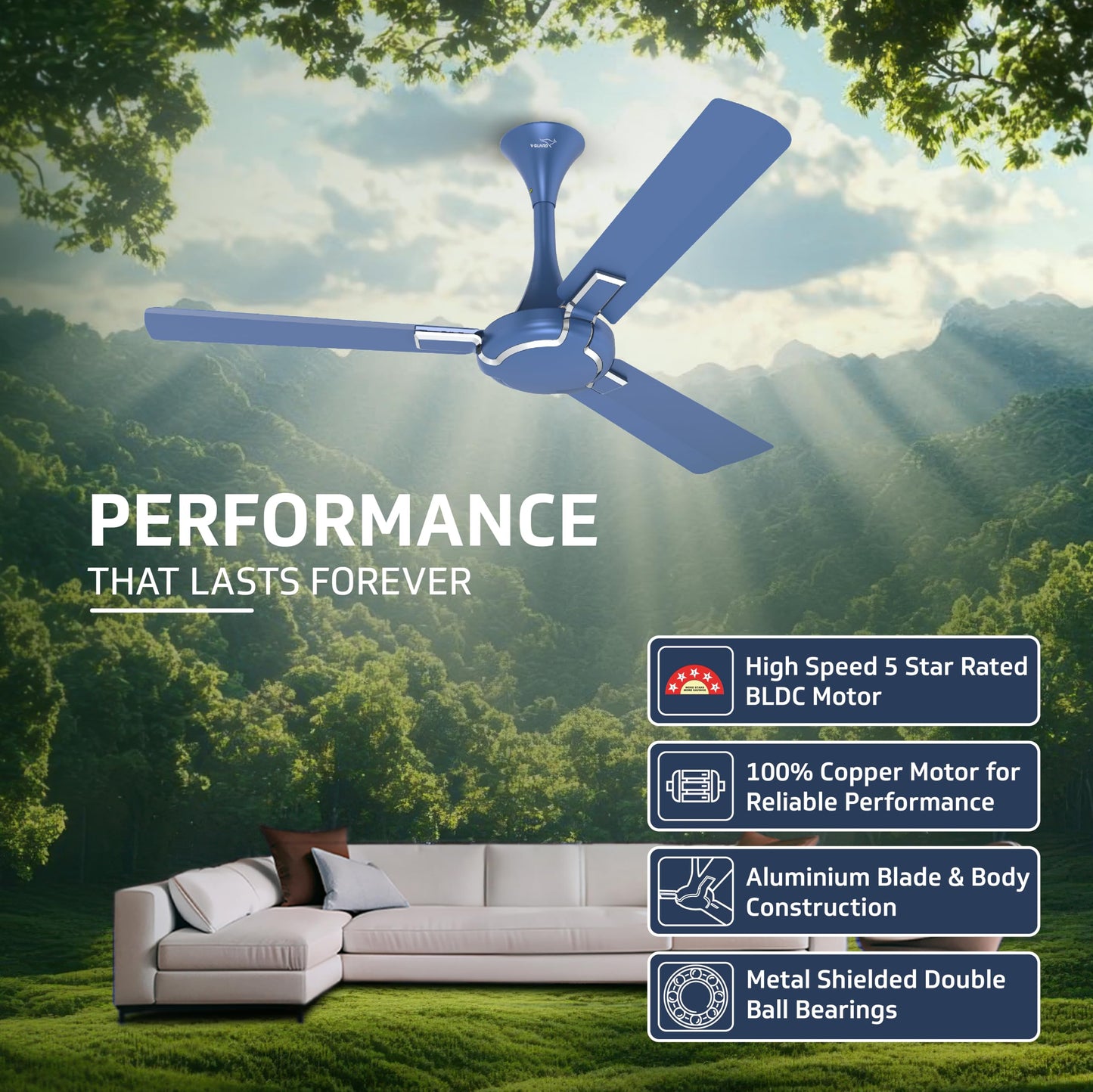 Exado Pro ES BLDC Ceiling Fan For Home, Anti Dust Coating, 5-Star Energy Saving, Remote Control, 100% Copper Motor, 1.2M (Riband Blue Matte)