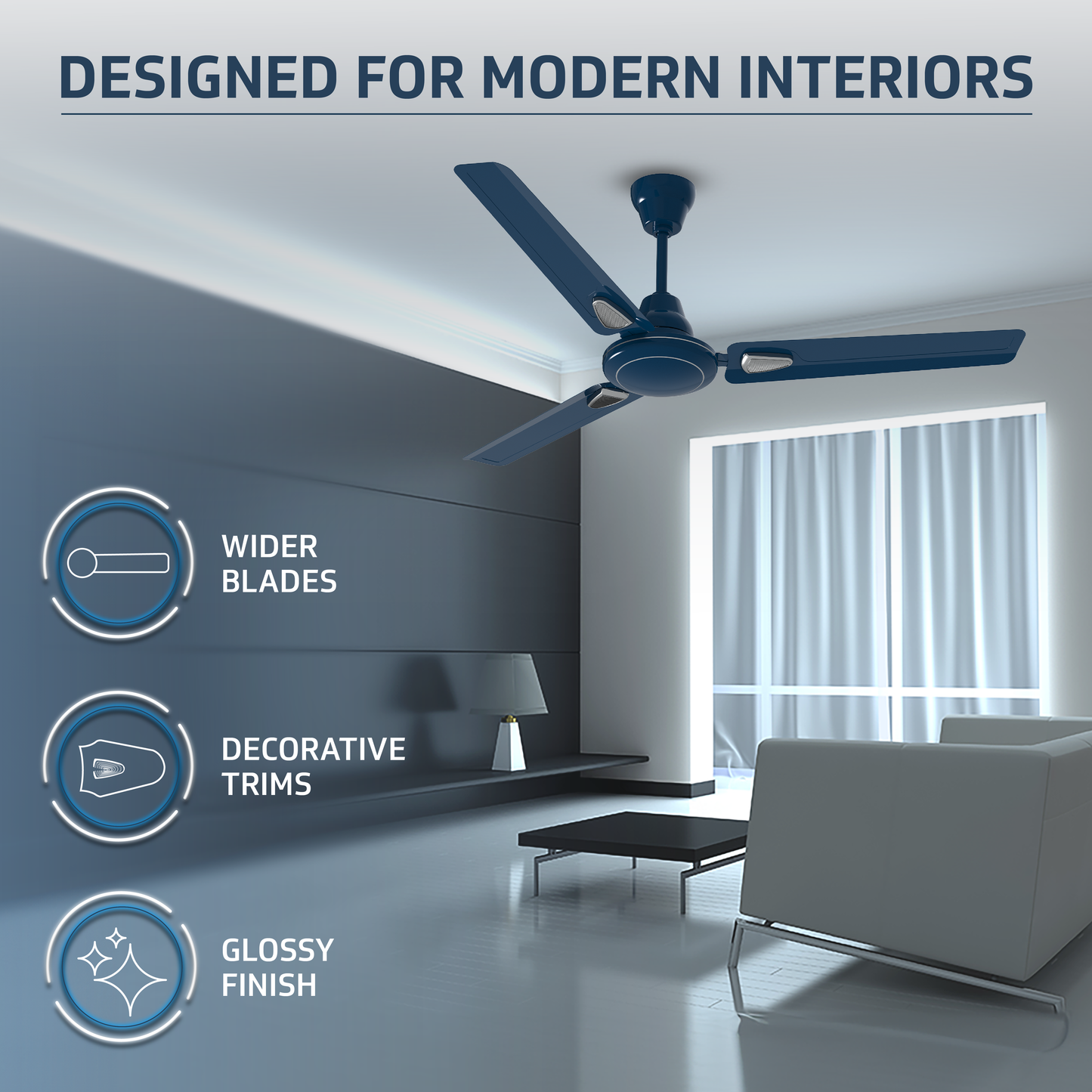 Windle Deco AS Designer Ceiling Fan for Home 1.2 m, Admiral Blue