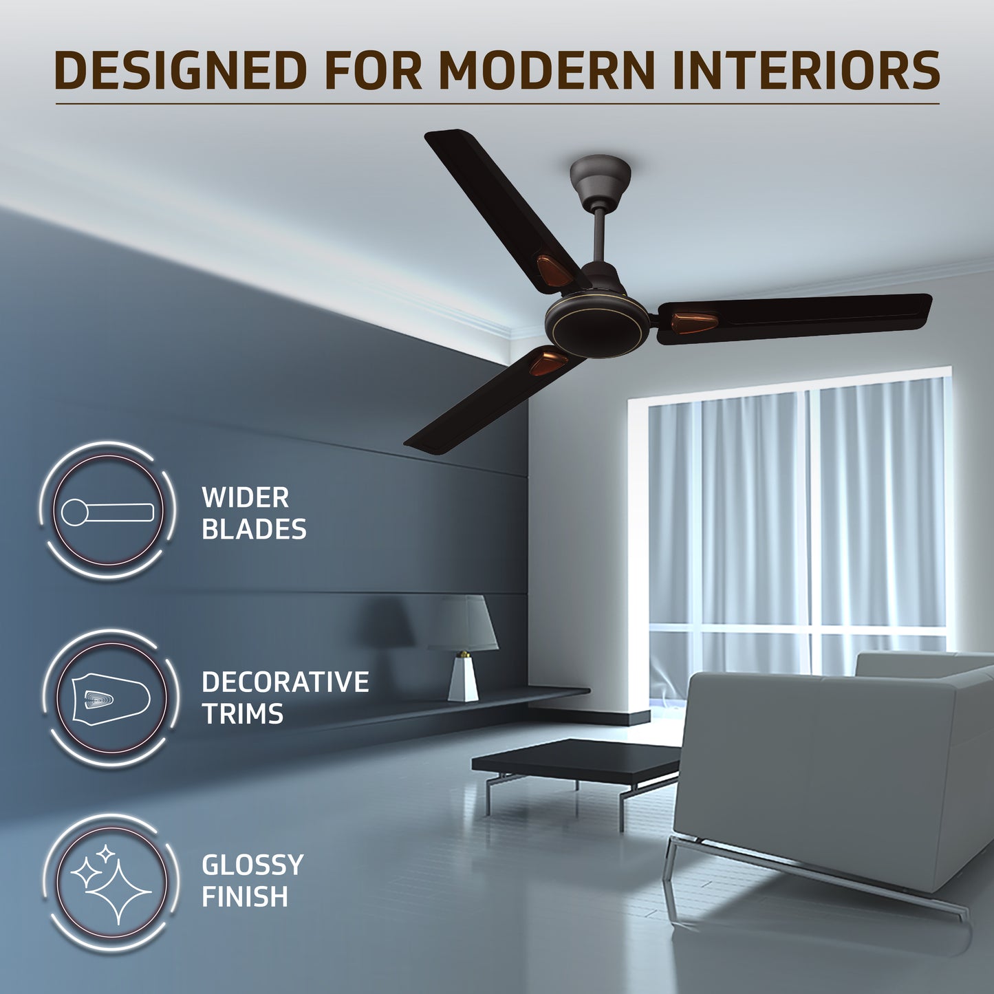 Windle Deco EC Modern Ceiling Fan For Home| High Speed Fan | Exquisite Detailing For Elevated Charm | Powder-Coated Glossy Finish | Matte Brown | 1.2 meters