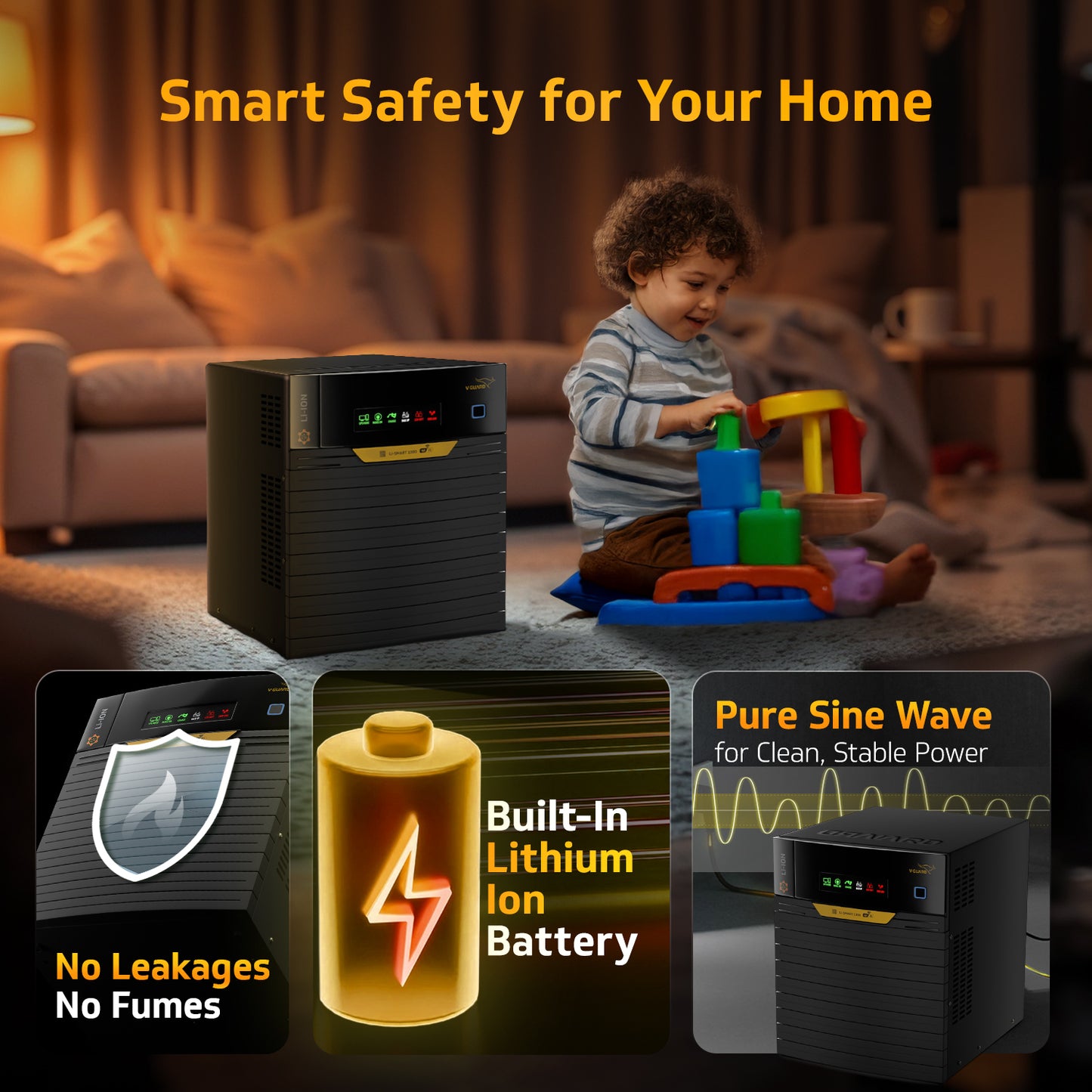 V-Guard Li Smart 1300 Inverter with Inbuilt Lithium-Ion Battery | 1300 VA / 910 W | Pure Sine Wave Output | Smart App Control | Automatic Voltage Regulation | 5-Year Warranty