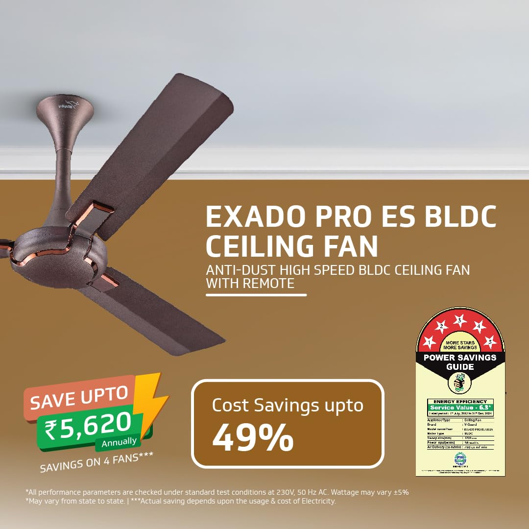 Exado Pro ES BLDC Ceiling Fan For Home, Anti Dust Coating, 5-Star Energy Saving, Remote Control, 100% Copper Motor, 1.2M (Elegance Brown Matte)