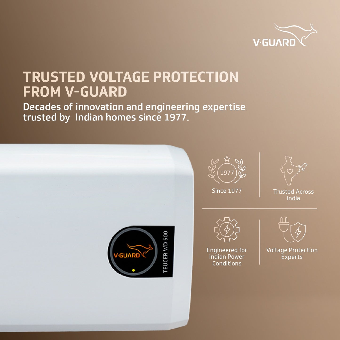 V-Guard Teucer WD 500 Stabilizer for High-Power Appliance Protection | LED Indicators | Suitable for Washing Machine, Microwave Oven, Dishwasher & Treadmill | 1 Year Warranty | White