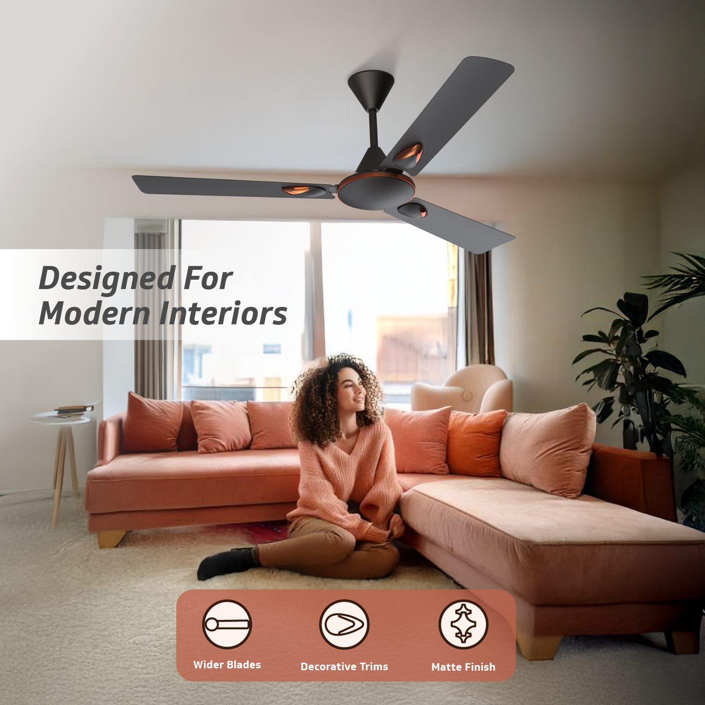 Windle Deco Zeta Ceiling Fan, 1.2 m, Matte Brown