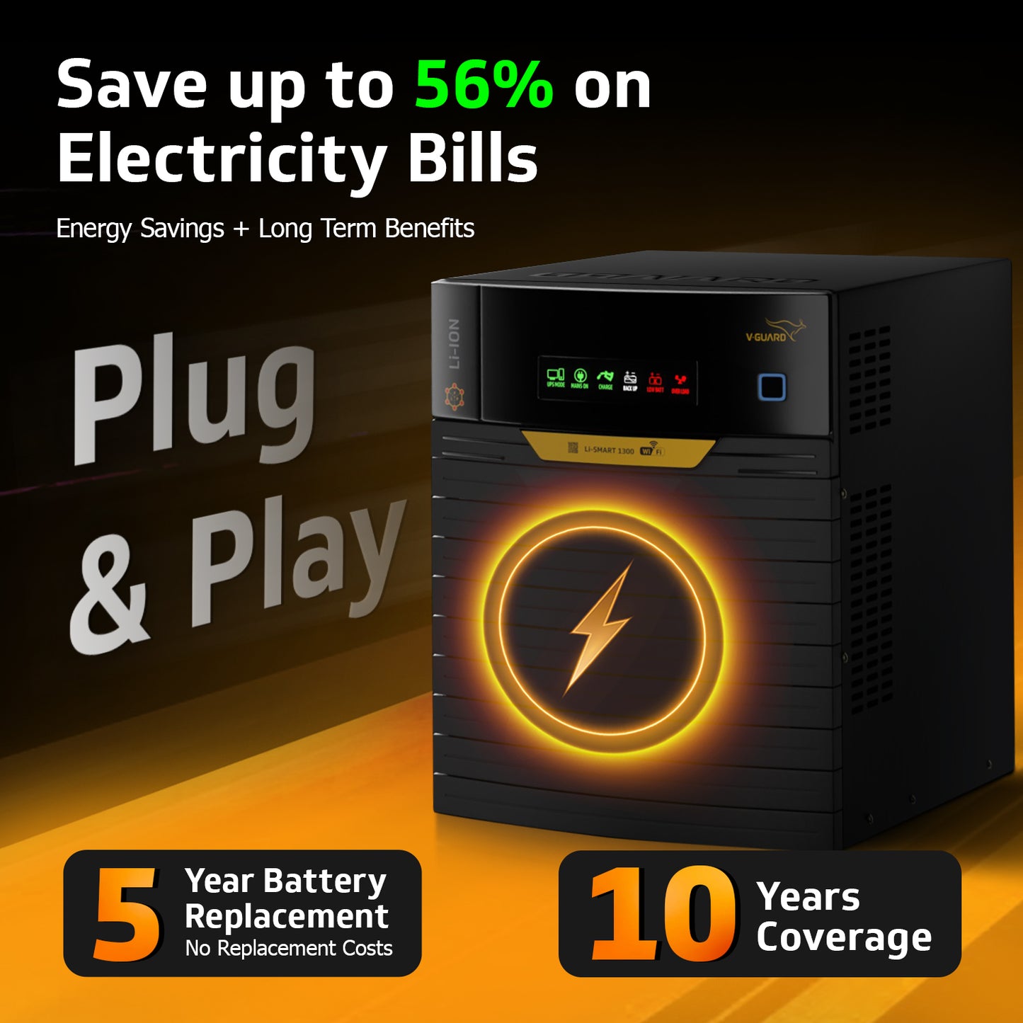 V-Guard Li Smart 1300 Inverter with Inbuilt Lithium-Ion Battery | 1300 VA / 910 W | Pure Sine Wave Output | Smart App Control | Automatic Voltage Regulation | 5-Year Warranty