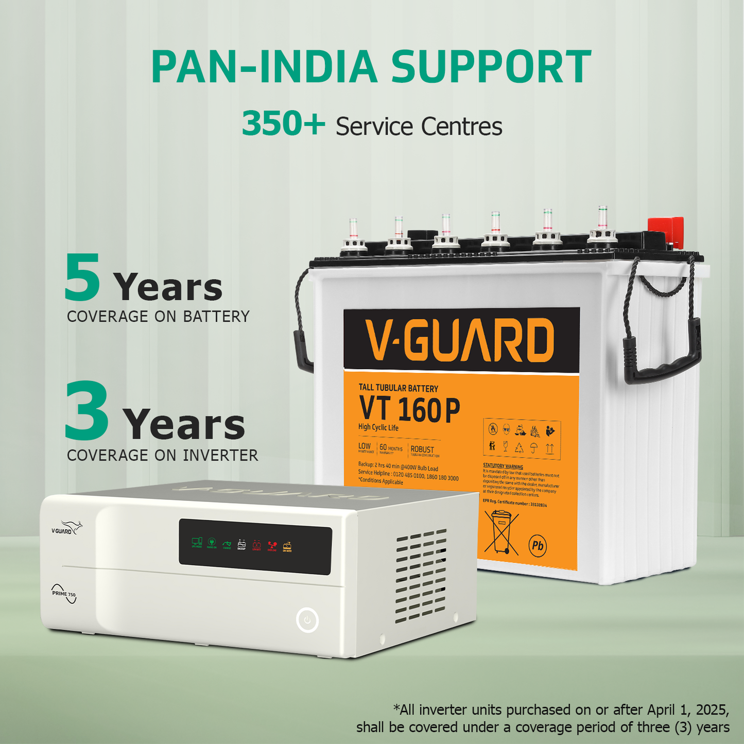 V-Guard Inverter & Battery Combo - 750 Pure Sine Wave 650VA/ 12V Inverter, VT 160 P (152Ah Tall Tubular Battery) for Home, Office & Shops