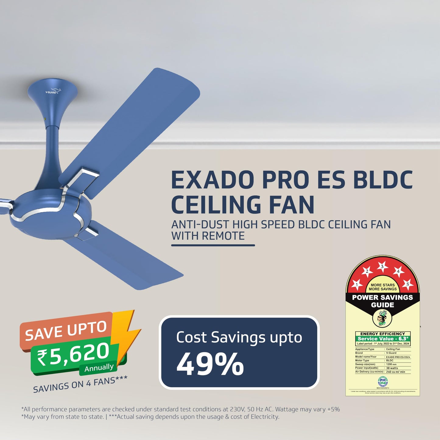 Exado Pro ES BLDC Ceiling Fan For Home, Anti Dust Coating, 5-Star Energy Saving, Remote Control, 100% Copper Motor, 1.2M (Riband Blue Matte)