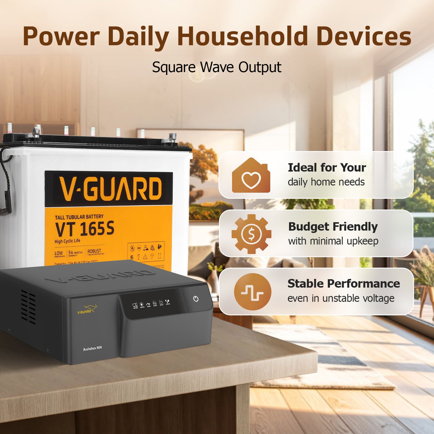 Aviolux 800 Square Wave Inverter + VT 165S Battery combo for Home, Office and Shops