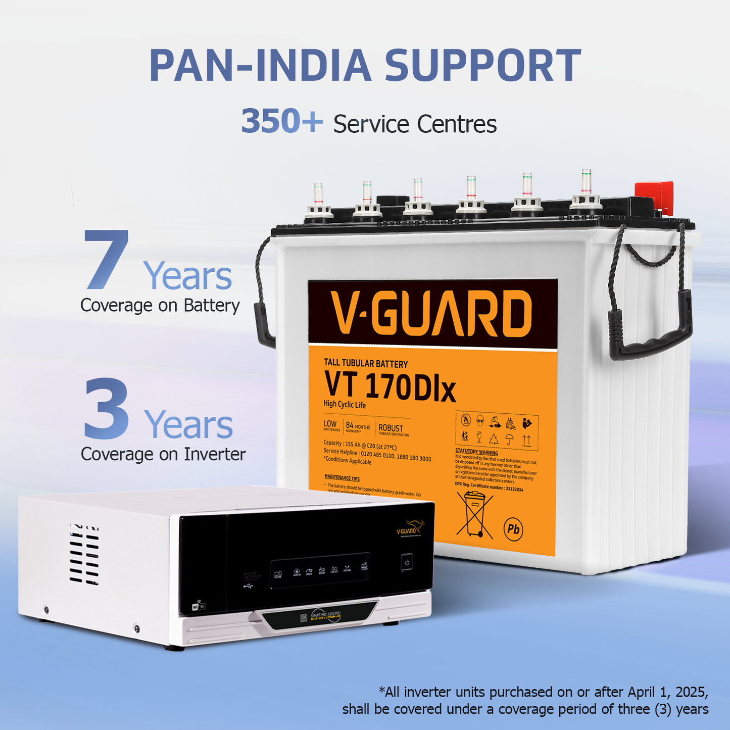 V-Guard Smart Inverter & Battery Combo (Smart Pro 1200 MiLi Digital Sine Inverter with VT 170 Dlx (155 Ah Tall Tubular Battery)) for Home, Office & Shops
