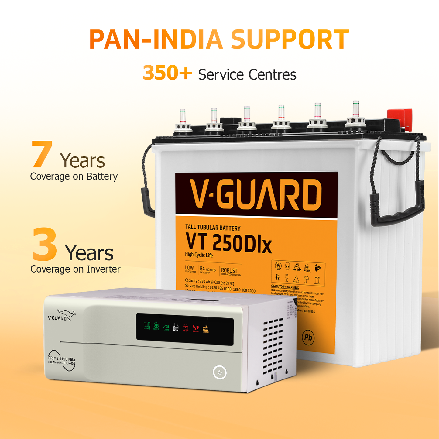 V-Guard Inverter & Battery Combo - Prime 1150 MiLi Pure Sine Wave 1000VA/ 12V Inverter, VT 250DLX (230Ah Tall Tubular Battery) for Home, Office & Shops