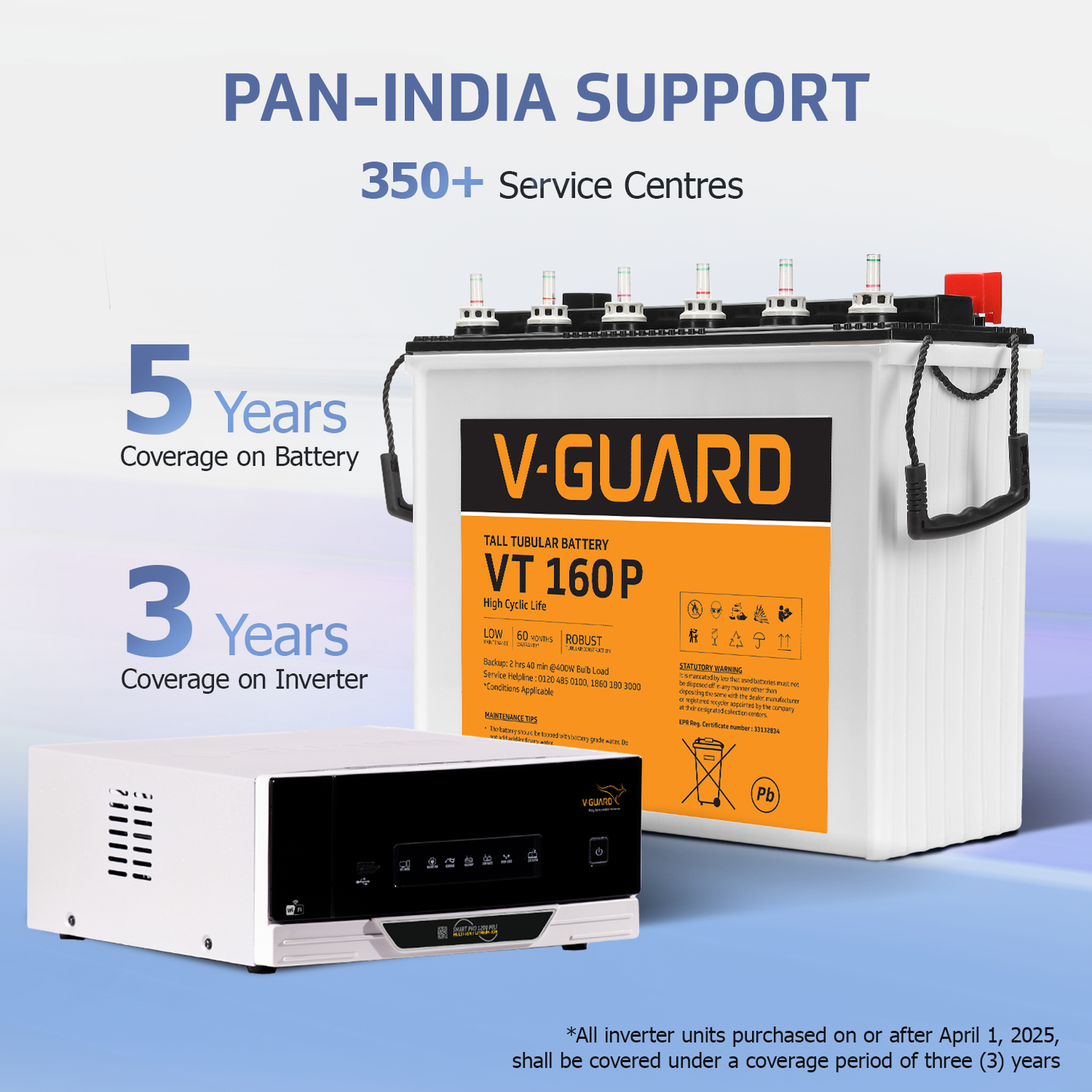 V-Guard Smart Inverter & Battery Combo (Smart Pro 1200 MiLi Digital Sine Inverter with VT 160P (152 Ah Tall Tubular Battery)) for Home, Office & Shops