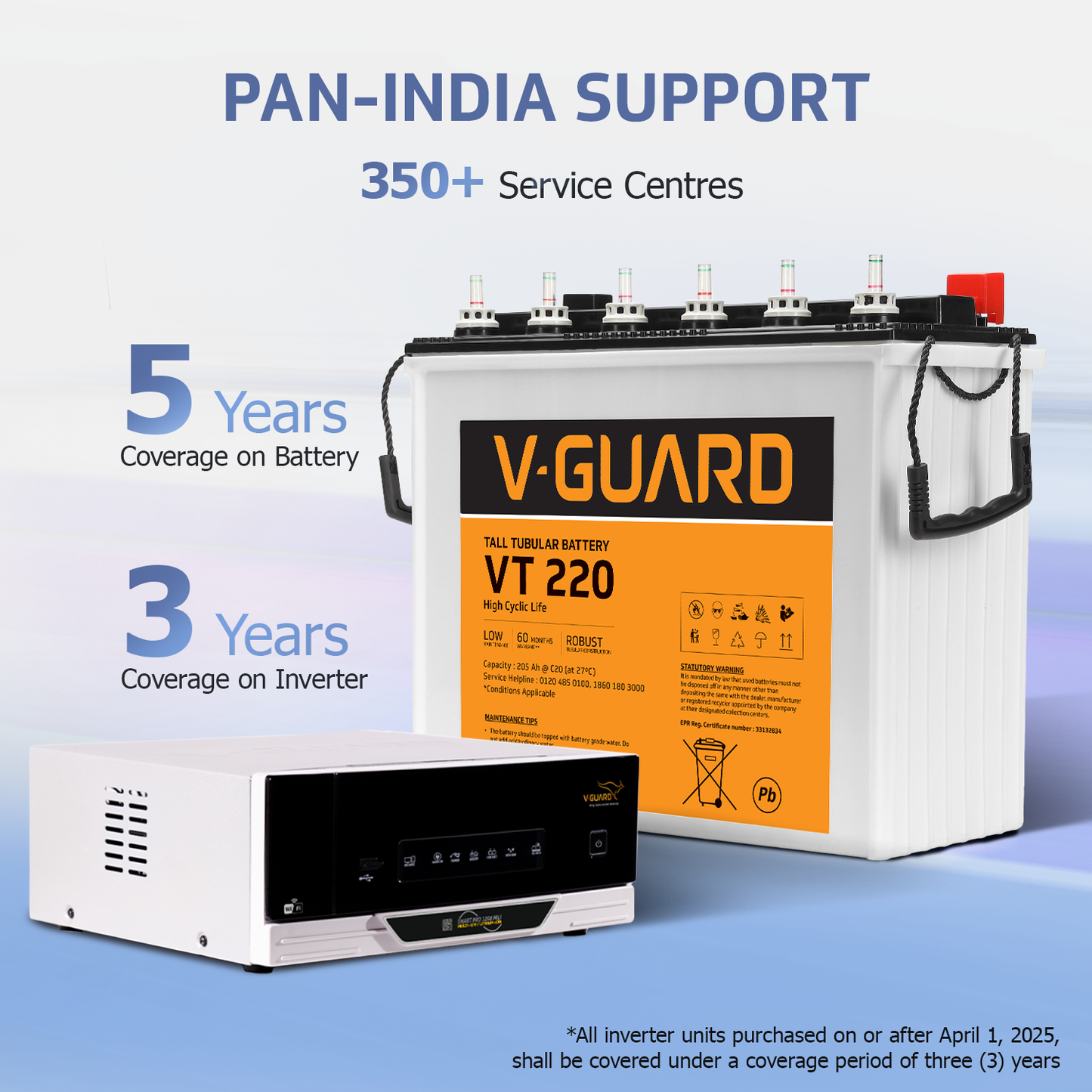V-Guard Smart Inverter & Battery Combo (Smart Pro 1200 MiLi Digital Sine Inverter with VT 220 (205 Ah Tall Tubular Battery)) for Home, Office & Shops