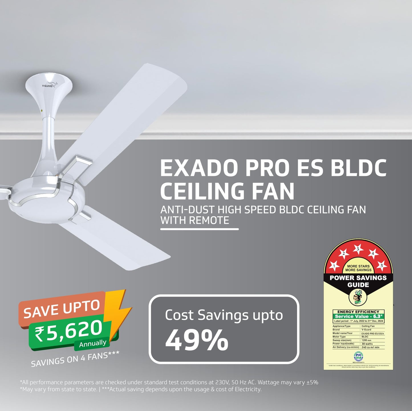 Exado Pro ES BLDC Ceiling Fan For Home, Anti Dust Coating, 5-Star Energy Saving, Remote Control, 100% Copper Motor, 1.2M (Pearl White Silver)