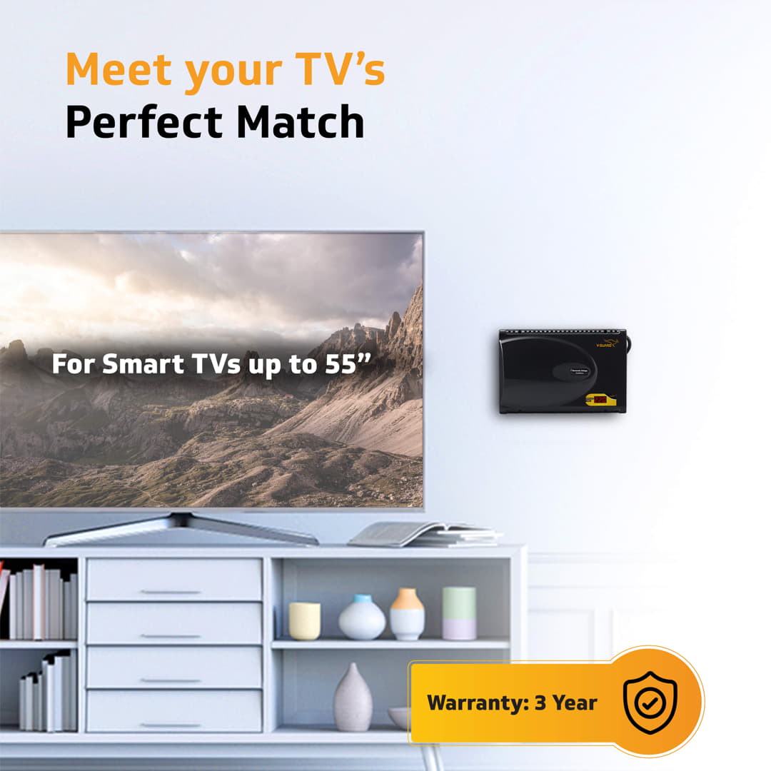 V-Guard Crystal Plus Smart TV Stabilizer with Digital Display | Applicable for Smart TVs up to 140 cm (55) + Set Top Box + Home Theatre System/Gaming Console | 3 Ampere Capacity | Black