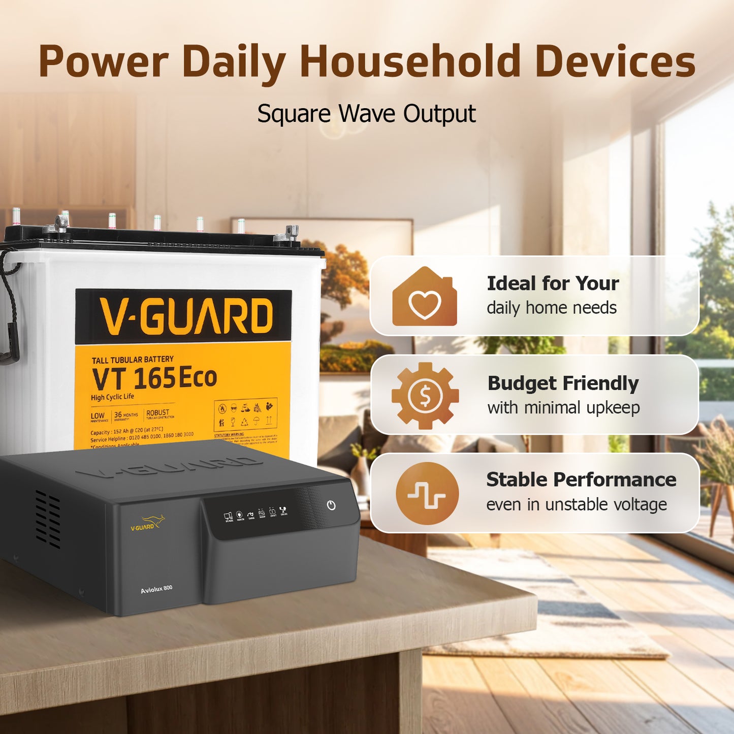 Aviolux 800 Inverter and VT 165 Eco Battery Combo for Home, Office & Shops