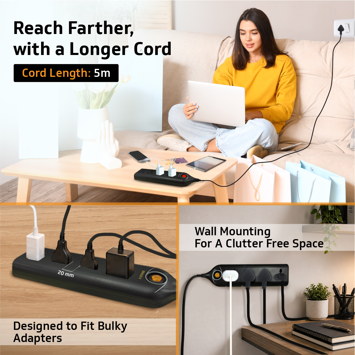 V-Guard Extension Board for Home & Office | 4+1 Power Strip with (Fuse) | 4 Universal Sockets | 1 Year Warranty | 5m Cord | 6A 1500VA Load | Fuse Protection | Wall Mountable | Master Switch