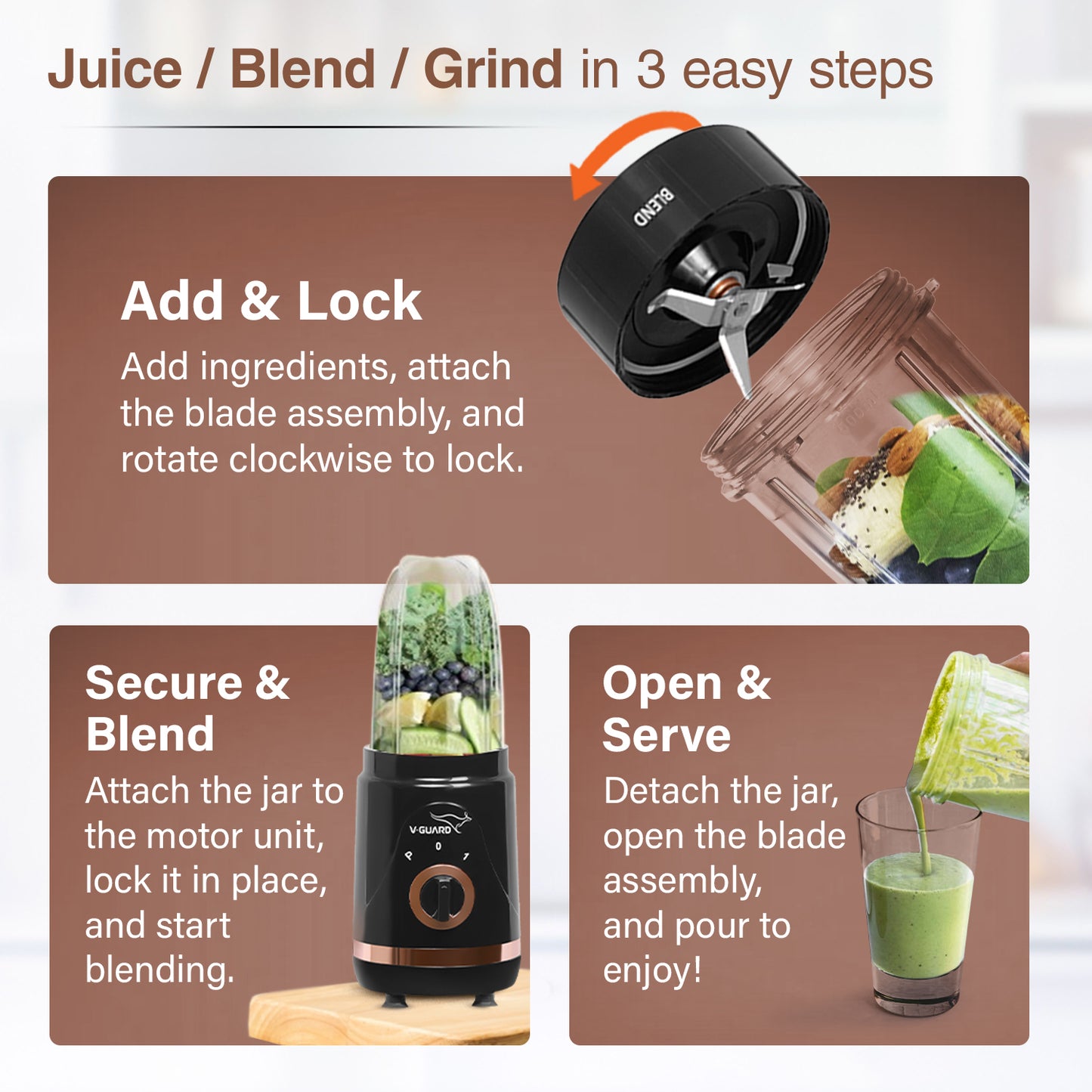 V-Guard Citius Nutri | 5 Leakproof Jars | 2 Years Product & Motor Coverage by V-Guard | 400 W Copper Motor | Upto 22,000 RPM | 1 Tall, 2 Small, 2 Sipper Jars with Storage, Seasoning & Sipper Lids | Sleek ABS Body