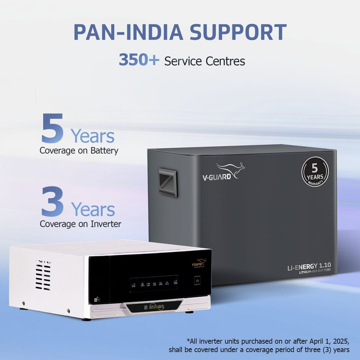 V-Guard Inverter & Battery Combo - Smart Pro 1200 MiLi Pure Sine Wave 1000VA/ 12V Inverter, Li-Energy 1.10 100 Ah Li-Ion Battery for Home, Office & Shops