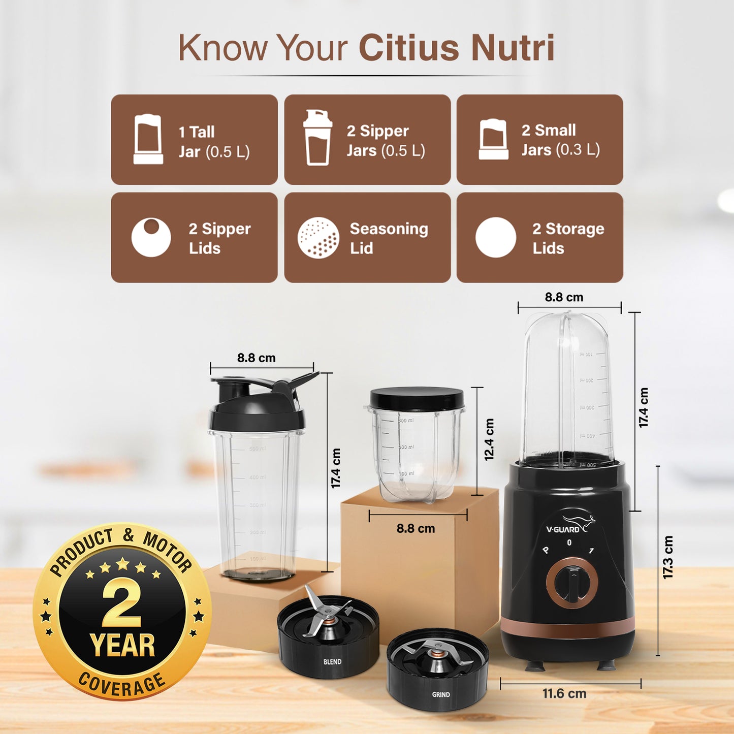 V-Guard Citius Nutri | 5 Leakproof Jars | 2 Years Product & Motor Coverage by V-Guard | 400 W Copper Motor | Upto 22,000 RPM | 1 Tall, 2 Small, 2 Sipper Jars with Storage, Seasoning & Sipper Lids | Sleek ABS Body