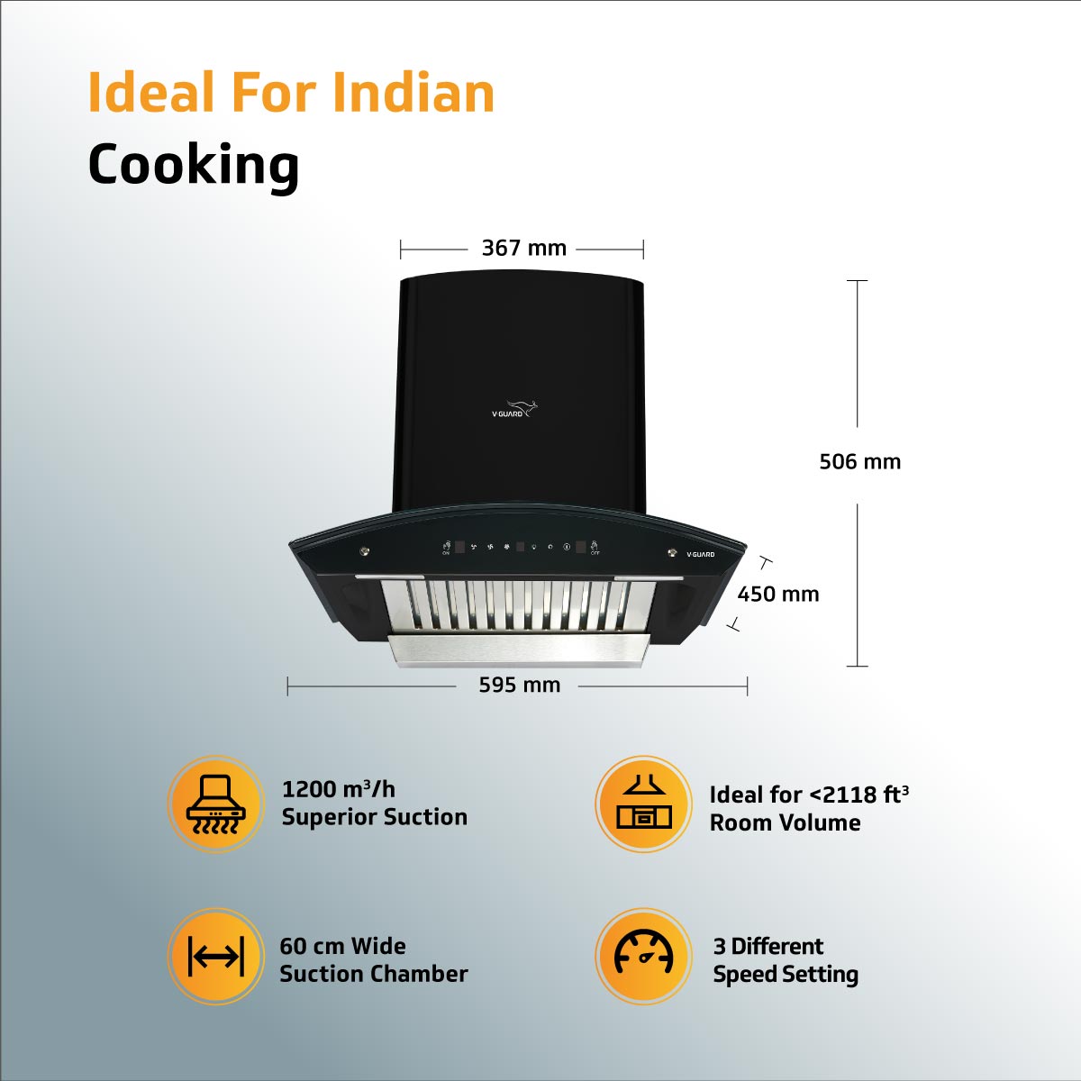 A10 BL180 Kitchen Chimney with 1300m³/hr Suction, Intelligent Auto Clean, Curved Glass, Baffle Filter, Motion Sensor Controls, Oil Collector Tray, LED Light (Black)