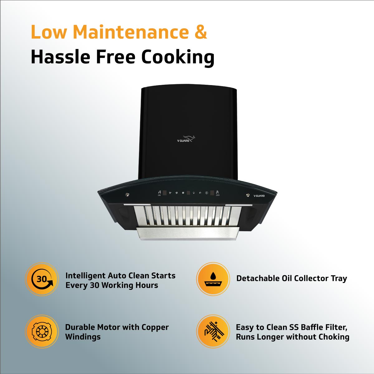 A10 BL180 Kitchen Chimney with 1300m³/hr Suction, Intelligent Auto Clean, Curved Glass, Baffle Filter, Motion Sensor Controls, Oil Collector Tray, LED Light (Black)