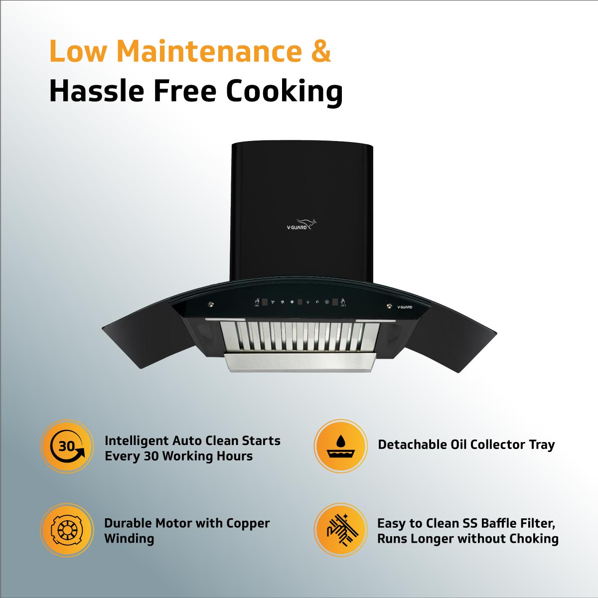 A20 BL180 Kitchen Chimney with 1300m³/hr Suction, Intelligent Auto Clean, Curved Glass, Baffle Filter, Motion Sensor Controls, Oil Collector Tray, LED Light (Black)