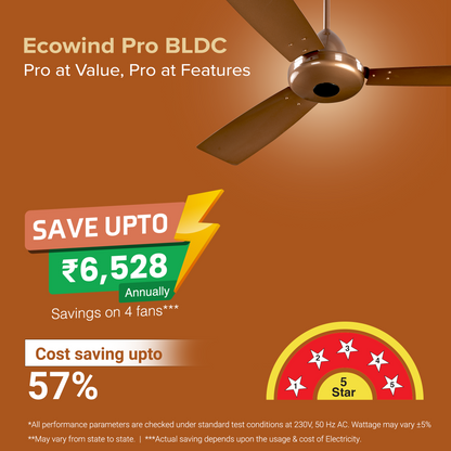 Ecowind Pro BLDC Motor Ceiling Fan with Remote, 1.2 m, Caramel Brown, 5 Star, Anti-Dust