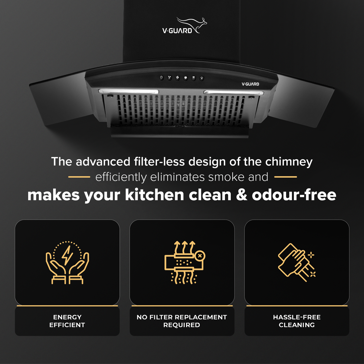 C10 60cm Kitchen Chimney with 900 m³/hr Suction | Filterless | Intelligent Auto Clean | Elegant Curved Glass Design |