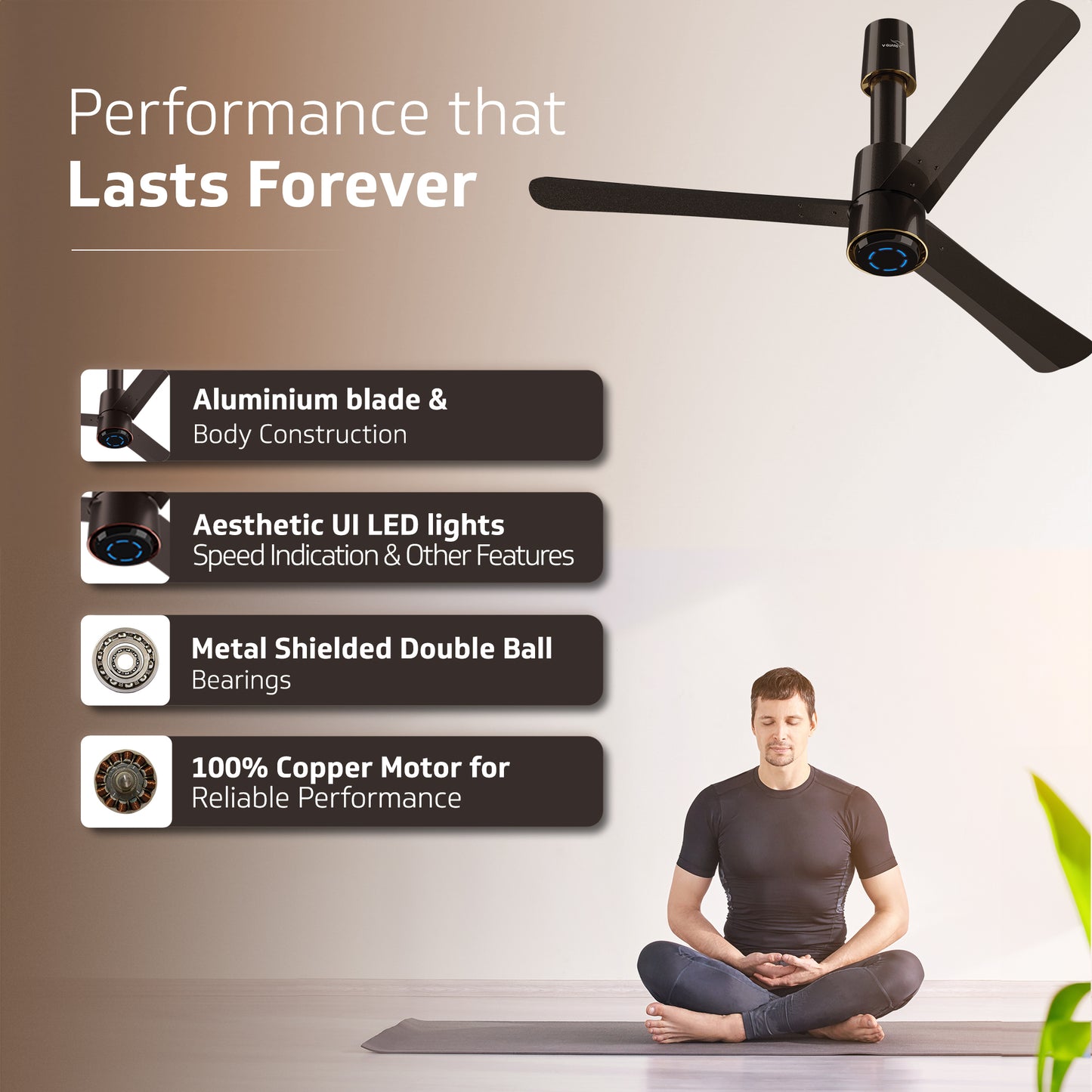 V-Guard INSIGHT-G Premium BLDC Ceiling Fan For Home | 6 Speed Settings | 5-Star Energy Saving | Convenient Remote Control | High-Speed 100% Copper Motor (Choco Brown Glossy)