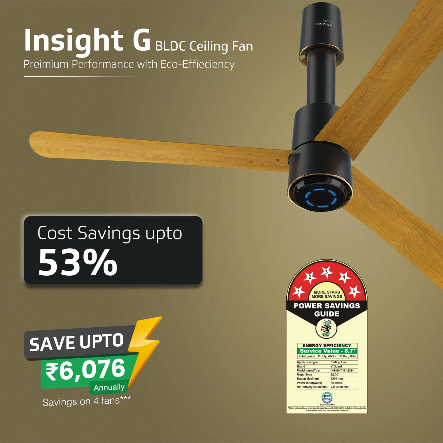 V-Guard INSIGHT-G Premium BLDC Ceiling Fan For Home | 6 Speed Settings | 5-Star Energy Saving | Convenient Remote Control | High-Speed 100% Copper Motor (Choco Gold Wood)