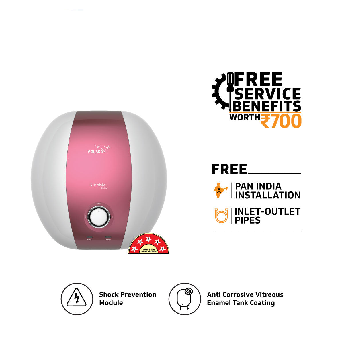 Pebble Shine Plus 15 L Water Heater with Rust Proof ABS Body and Safe Shock Module