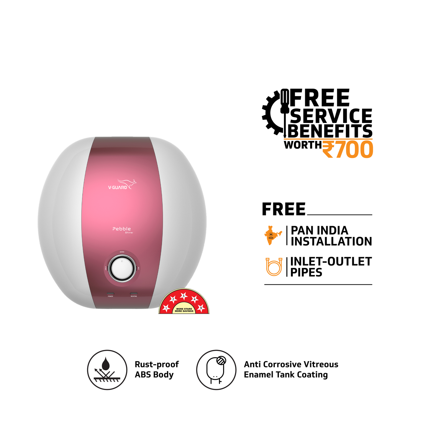 Pebble Shine 10 L Water Heater with Rust Proof ABS Body