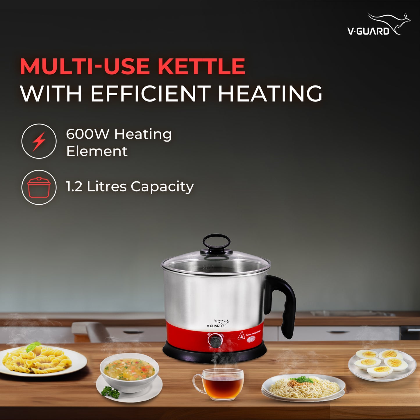 VKM12 Wide mouth MultiPurpose Electric kettle Cooker, 1.2 Litre Stainless Steel Hot water kettle for boiling water, noodles with 3 Attachments : PP Bowl, PP Egg Tray