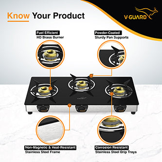 VGD 369 SX 3 Burner Glass Gas Stove | 2 Year Warranty