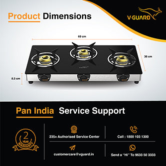 VGD 369 SX 3 Burner Glass Gas Stove | 2 Year Warranty