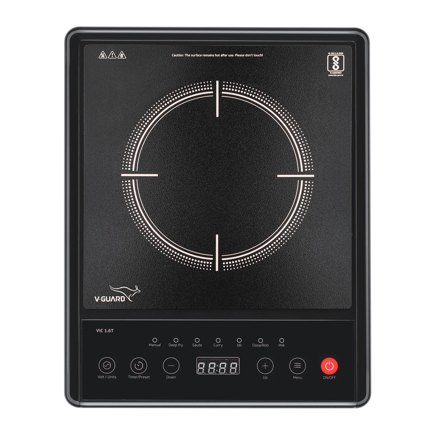 VIC 1.6T 1600 Watt Induction Cooktop | Feather Touch Control & Crystal Glass Top | 7 Pre-set Cooking Modes | 4 Hour Timer & 24 Hour Pre-set Function | Auto Switch Off & Keep Warm Function