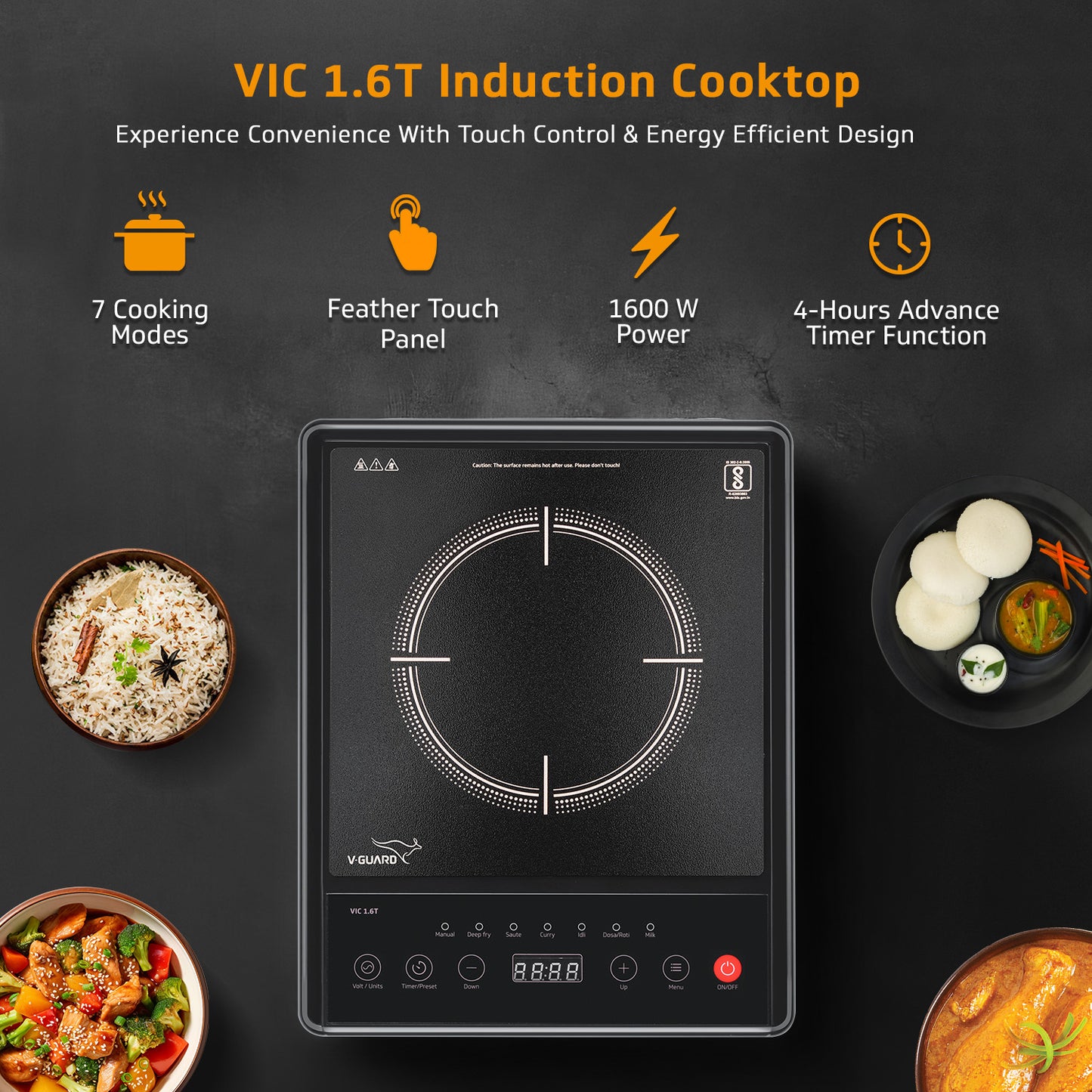 VIC 1.6T 1600 Watt Induction Cooktop | Feather Touch Control & Crystal Glass Top | 7 Pre-set Cooking Modes | 4 Hour Timer & 24 Hour Pre-set Function | Auto Switch Off & Keep Warm Function