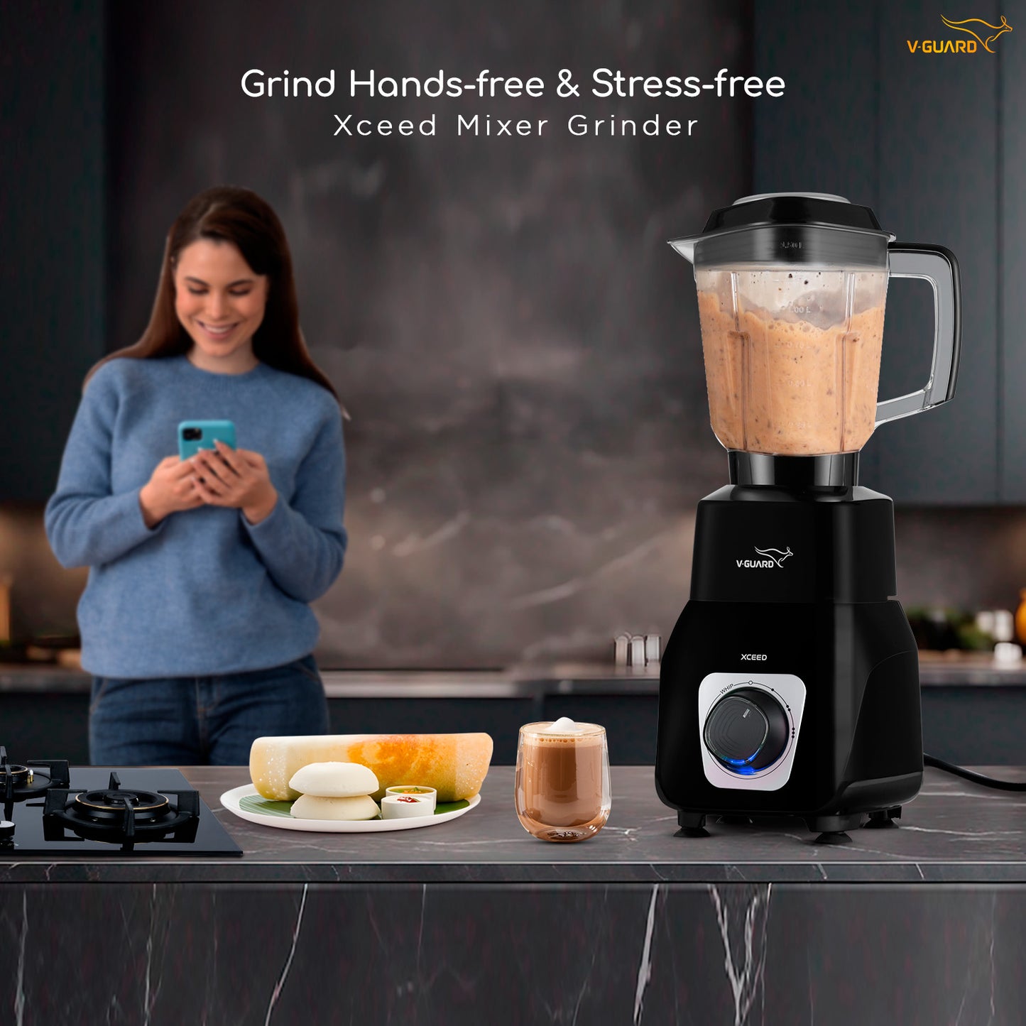 V-Guard Xceed Mixer Grinder 750 Watt with 4 Jars, Lid Locks for Hands-free Operation, Removable Stainless Steel Blades, 2-Year Comprehensive & 3-year Motor Warranty (Black)