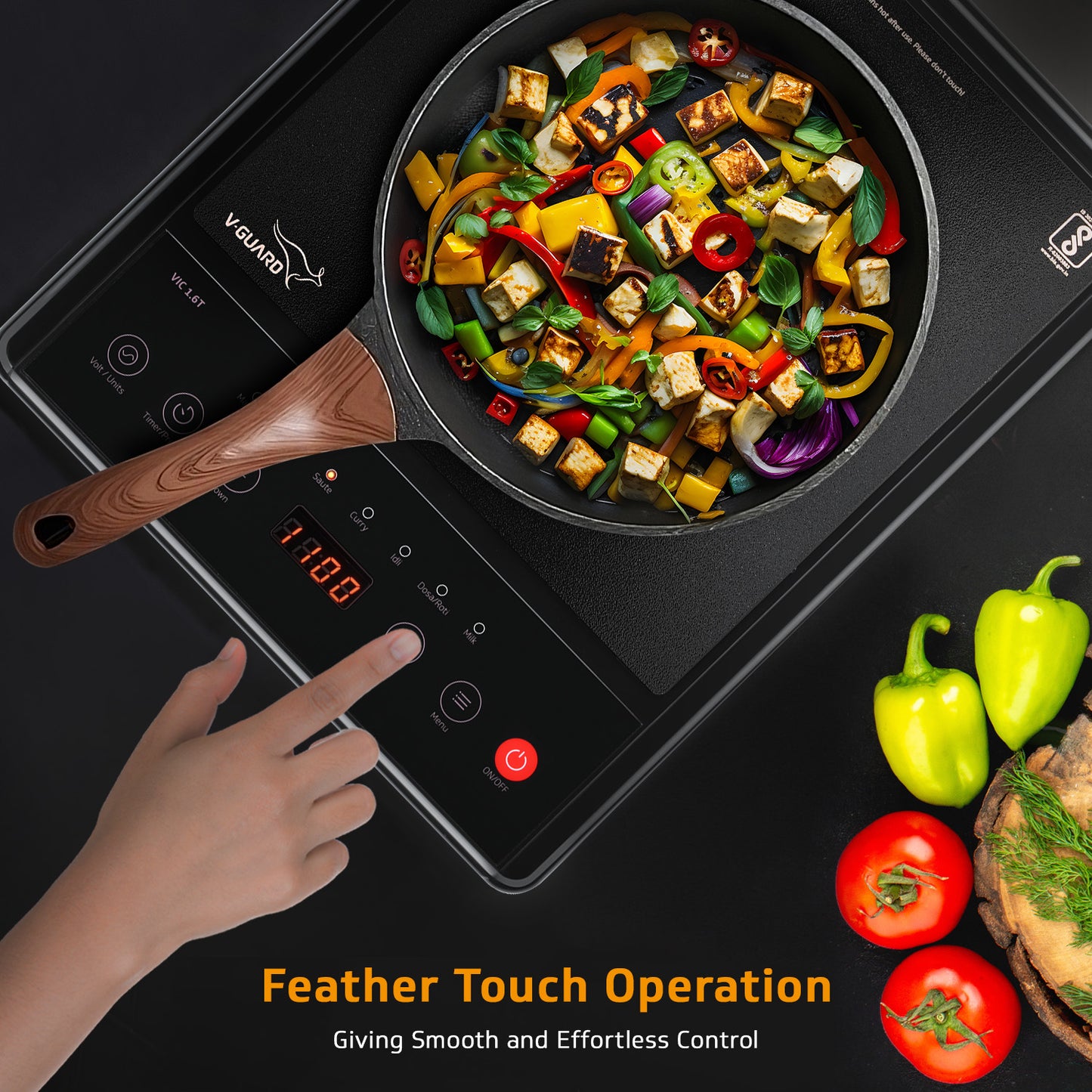 VIC 1.6T 1600 Watt Induction Cooktop | Feather Touch Control & Crystal Glass Top | 7 Pre-set Cooking Modes | 4 Hour Timer & 24 Hour Pre-set Function | Auto Switch Off & Keep Warm Function
