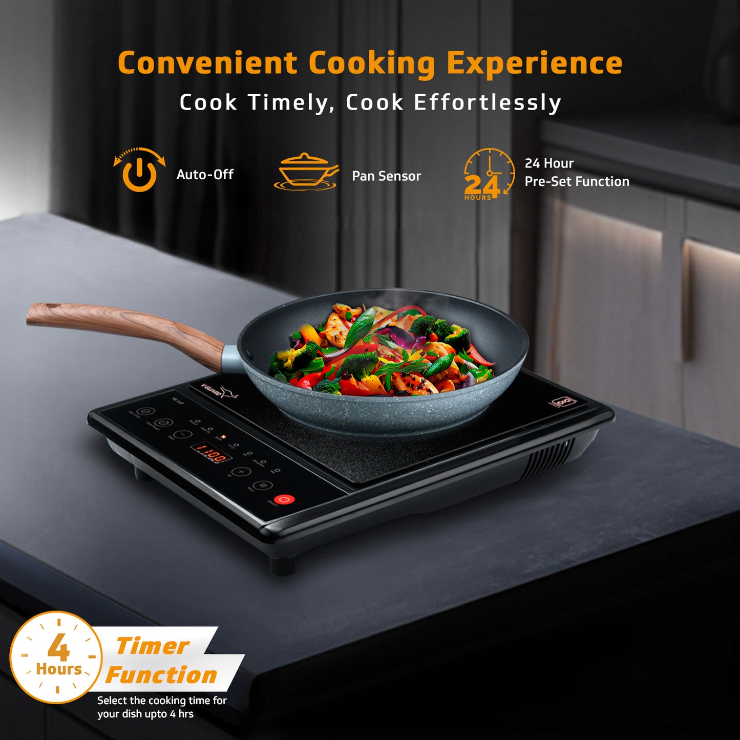 VIC 1.6T 1600 Watt Induction Cooktop | Feather Touch Control & Crystal Glass Top | 7 Pre-set Cooking Modes | 4 Hour Timer & 24 Hour Pre-set Function | Auto Switch Off & Keep Warm Function