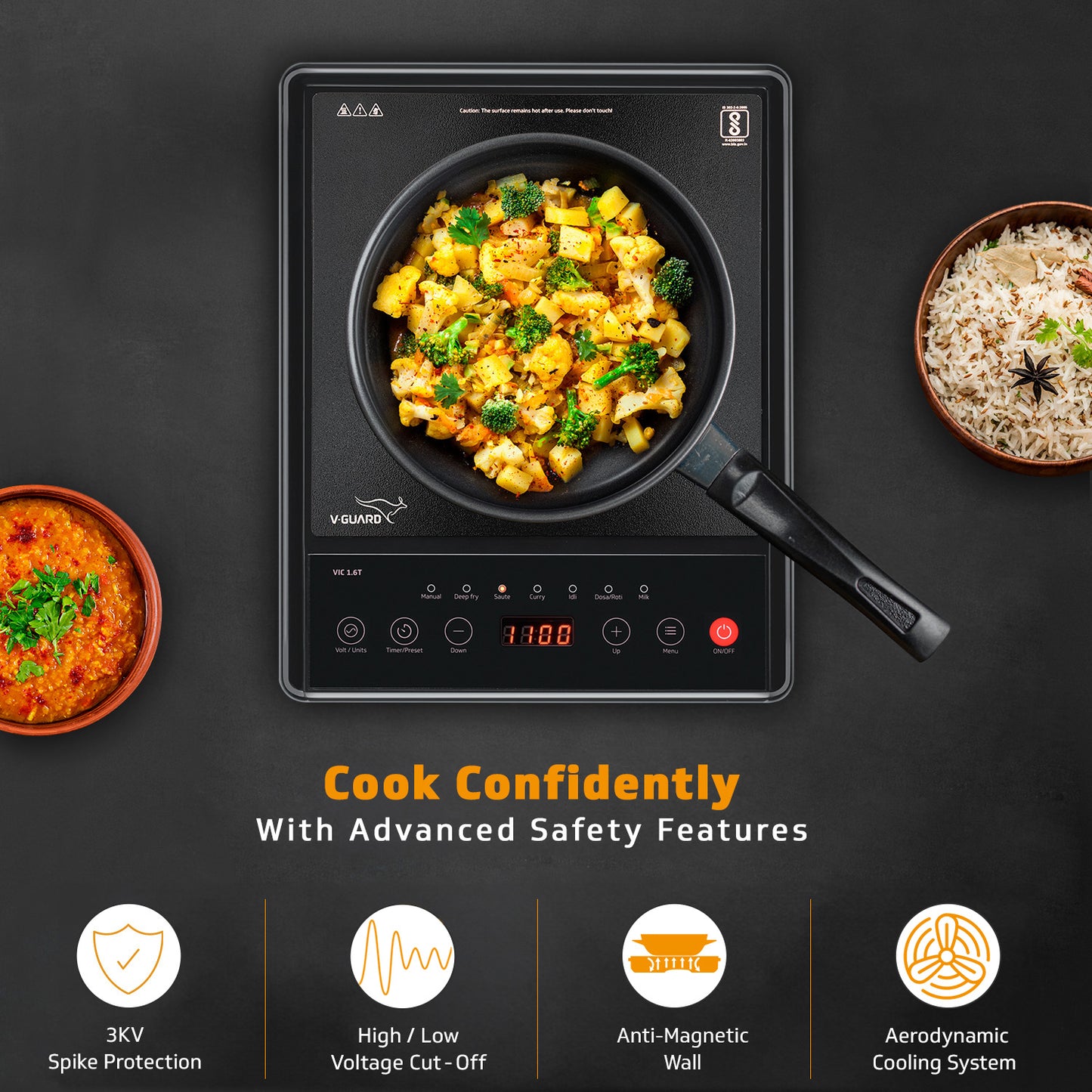 VIC 1.6T 1600 Watt Induction Cooktop | Feather Touch Control & Crystal Glass Top | 7 Pre-set Cooking Modes | 4 Hour Timer & 24 Hour Pre-set Function | Auto Switch Off & Keep Warm Function