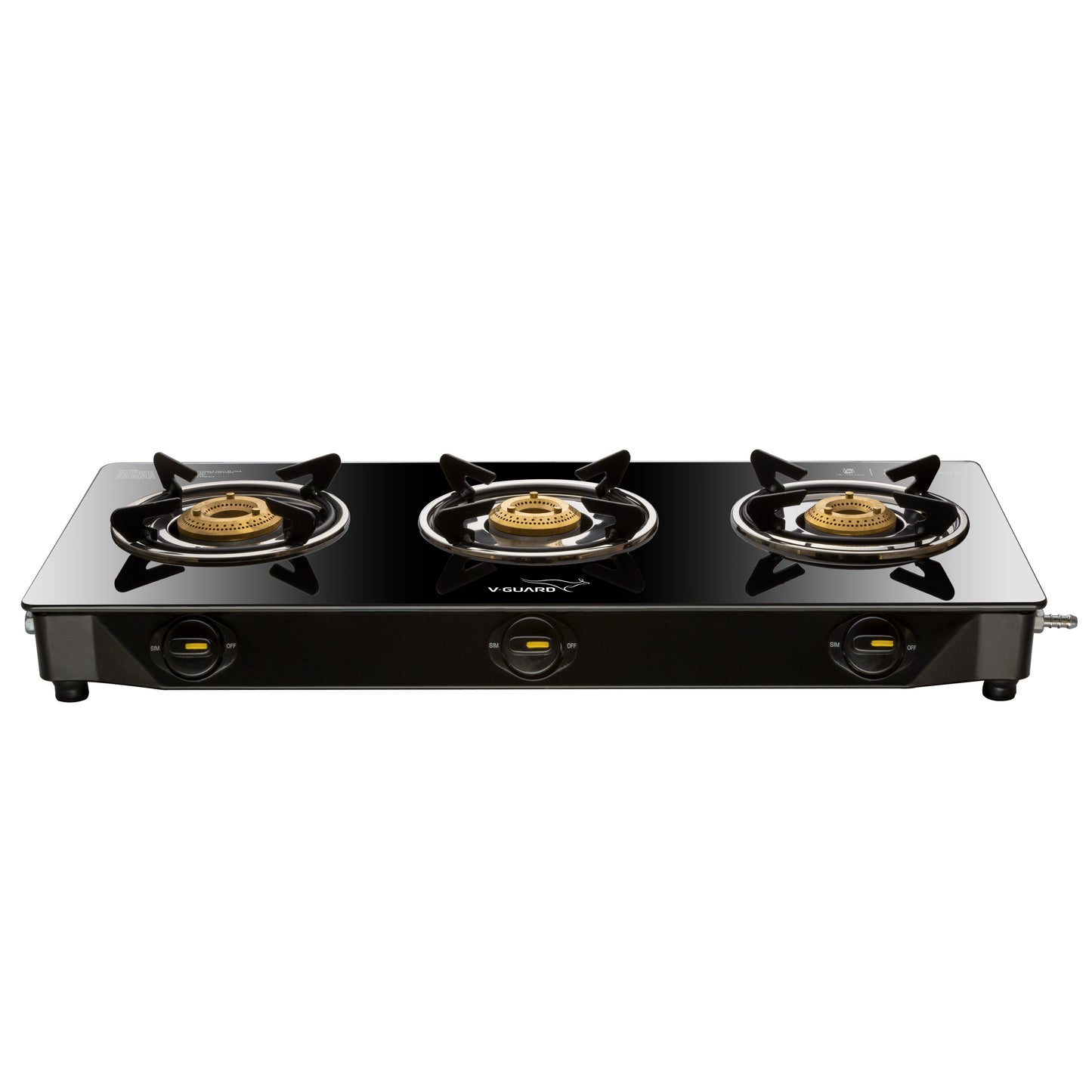 V-Guard VGD 370 PI 3 Burner Gas Stove | Compact & Elegant Gas Stove | 1 Large, 1 Medium & 1 Small High-Efficiency Brass Burner | Toughened Glass Top | 1 Year Coverage by V-Guard