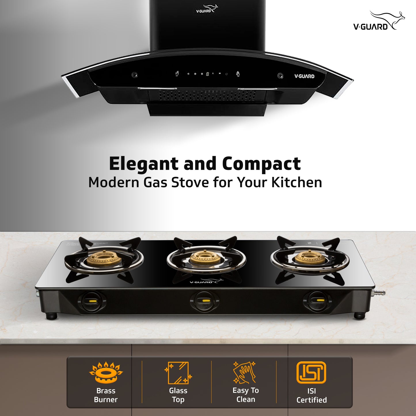 V-Guard VGD 370 PI 3 Burner Gas Stove | Compact & Elegant Gas Stove | 1 Large, 1 Medium & 1 Small High-Efficiency Brass Burner | Toughened Glass Top | 1 Year Coverage by V-Guard