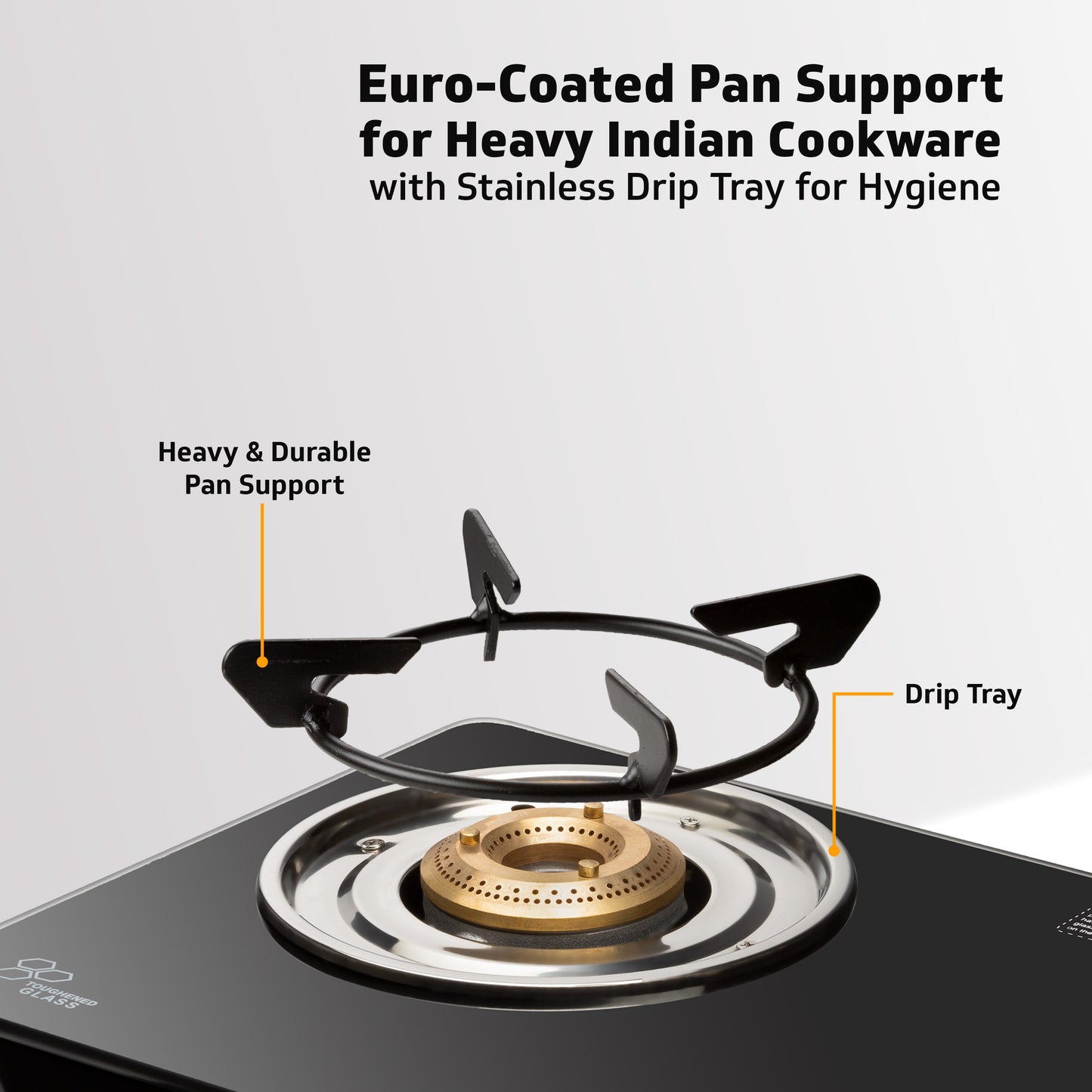 V-Guard VGD 370 PI 3 Burner Gas Stove | Compact & Elegant Gas Stove | 1 Large, 1 Medium & 1 Small High-Efficiency Brass Burner | Toughened Glass Top | 1 Year Coverage by V-Guard