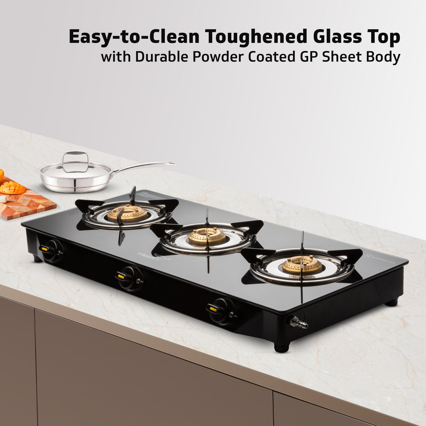 V-Guard VGD 370 PI 3 Burner Gas Stove | Compact & Elegant Gas Stove | 1 Large, 1 Medium & 1 Small High-Efficiency Brass Burner | Toughened Glass Top | 1 Year Coverage by V-Guard