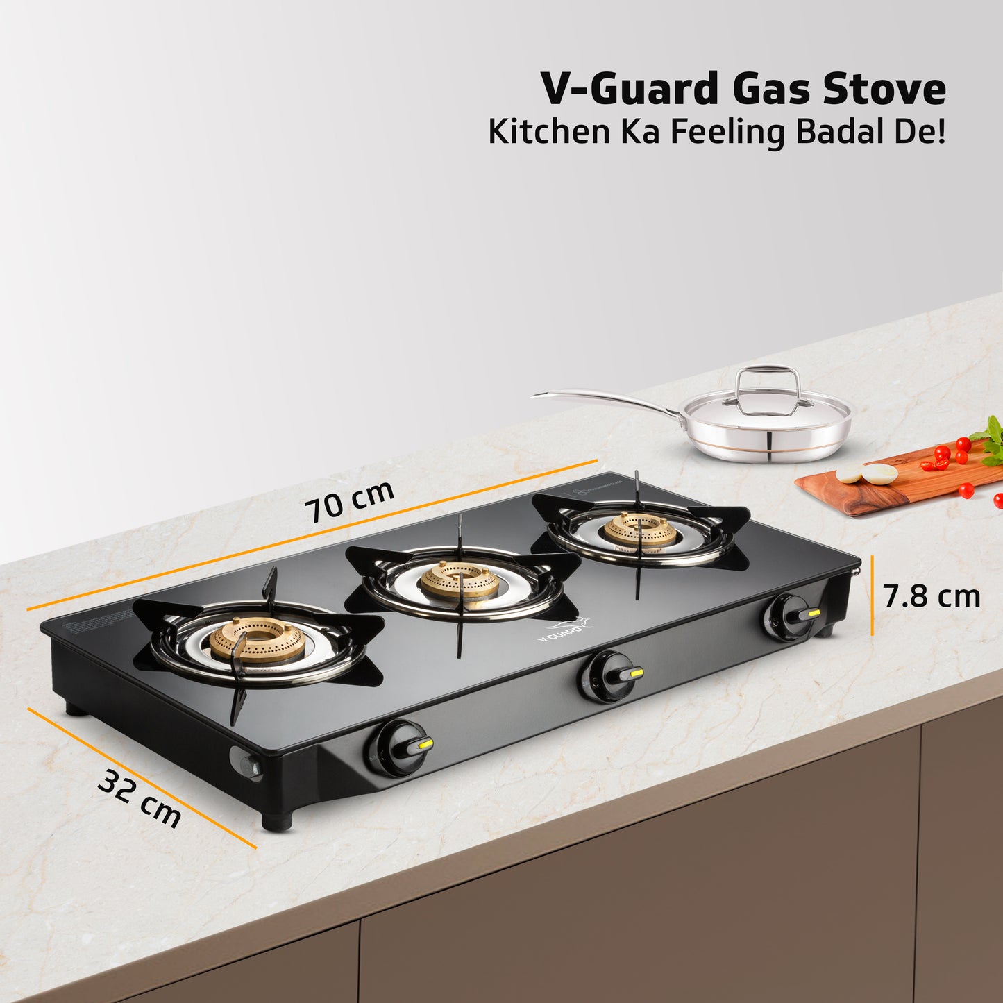 V-Guard VGD 370 PI 3 Burner Gas Stove | Compact & Elegant Gas Stove | 1 Large, 1 Medium & 1 Small High-Efficiency Brass Burner | Toughened Glass Top | 1 Year Coverage by V-Guard