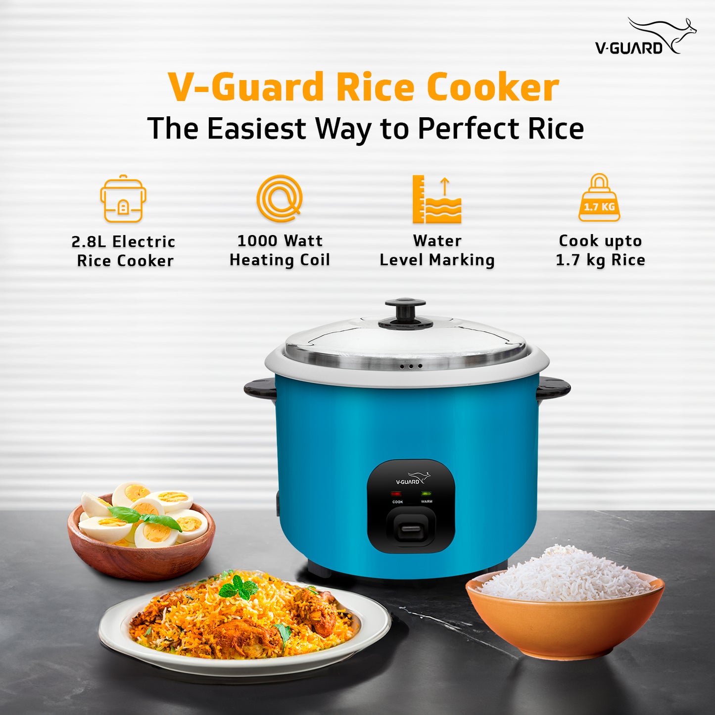 V-Guard VRC 2.8-Litre Electric Rice Cooker with 1000 W Power, 2 Pots, Spatula, Rice Separator | 2-Year Product & 5-Year Heating Plate Coverage by V-Guard | Automatic Cooking with Double-Layered Body & Cool Touch Handles