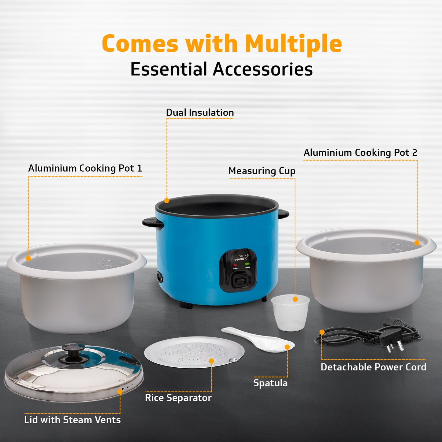V-Guard VRC 2.8-Litre Electric Rice Cooker with 1000 W Power, 2 Pots, Spatula, Rice Separator | 2-Year Product & 5-Year Heating Plate Coverage by V-Guard | Automatic Cooking with Double-Layered Body & Cool Touch Handles